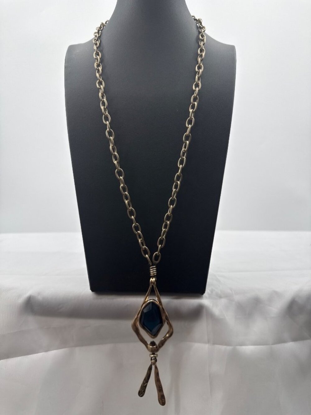 Modernist Brass Blue Glass Diamond Pendant Long Chain Necklace Boho